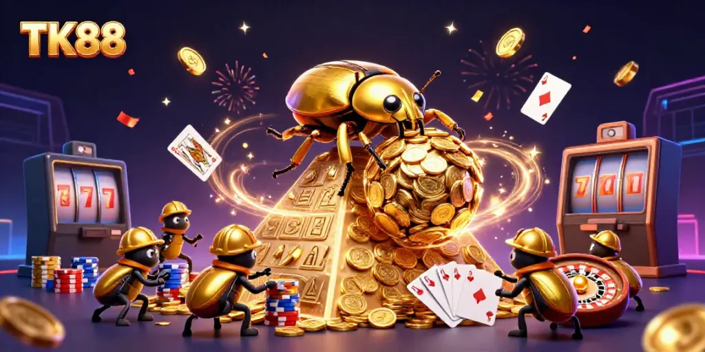 Experience thrilling wins at TK88 with a dynamic scene of a golden beetle in action amidst cascading coins.