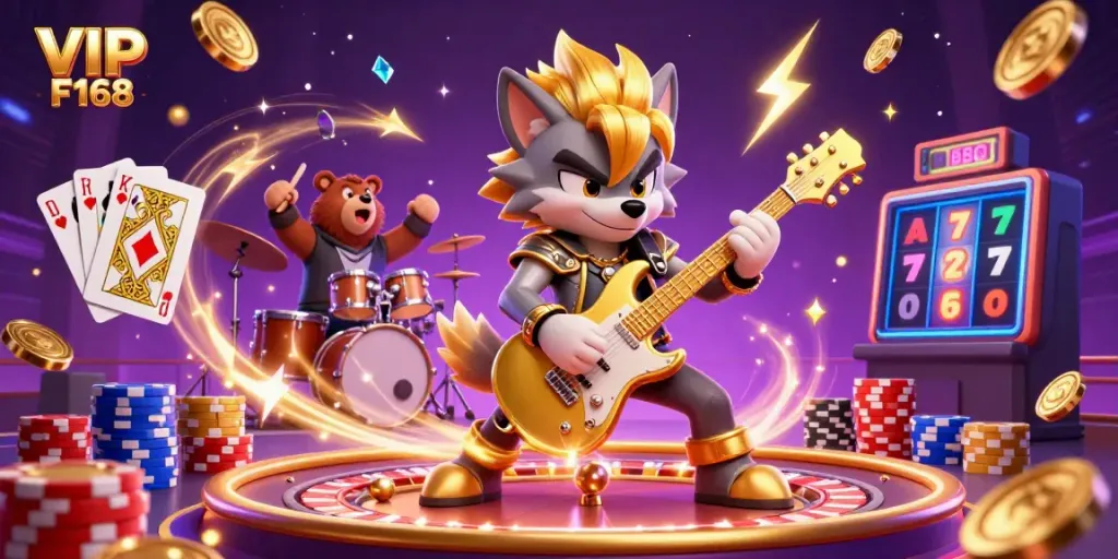 Experience the excitement at VIP F168 with a vibrant casino stage featuring a rock star wolf and chaotic music.