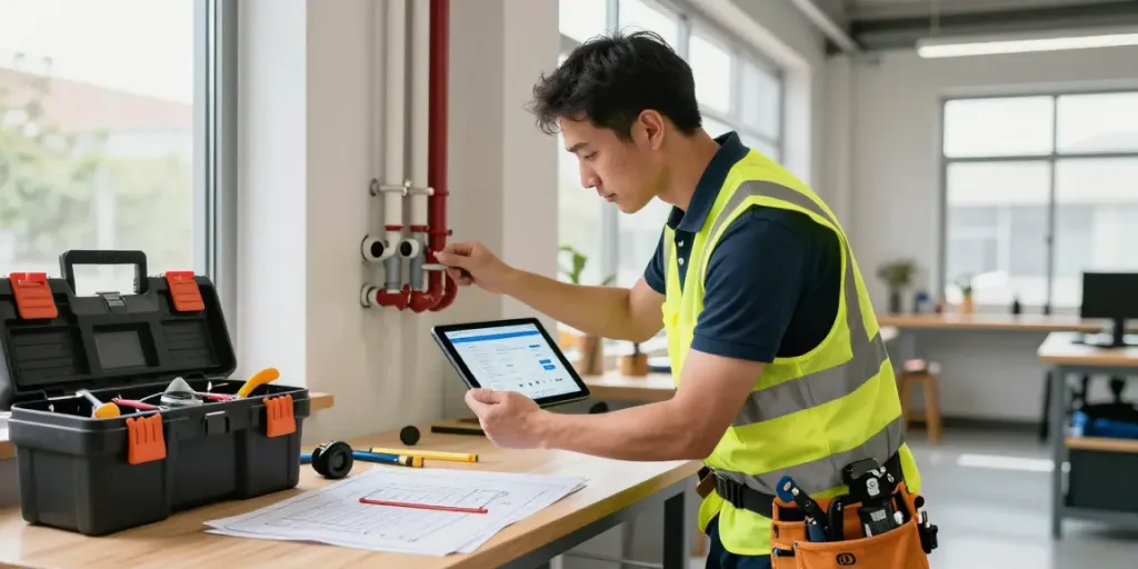 Plumbing Business Software in action as a plumber uses a tablet in a workshop.