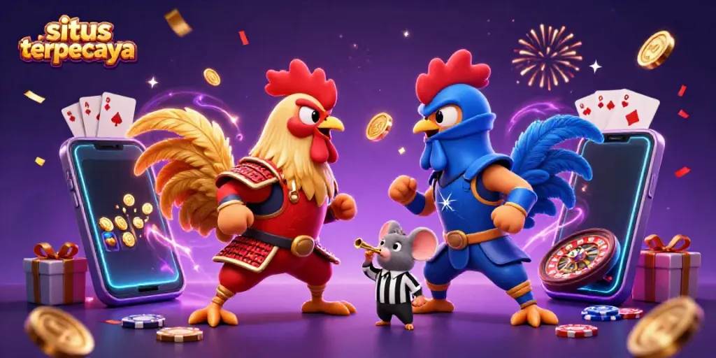 Roosters berseteru di arena digital dengan slot warna-warni, simbol keberuntungan, dan elemen casino, situs terpercaya.