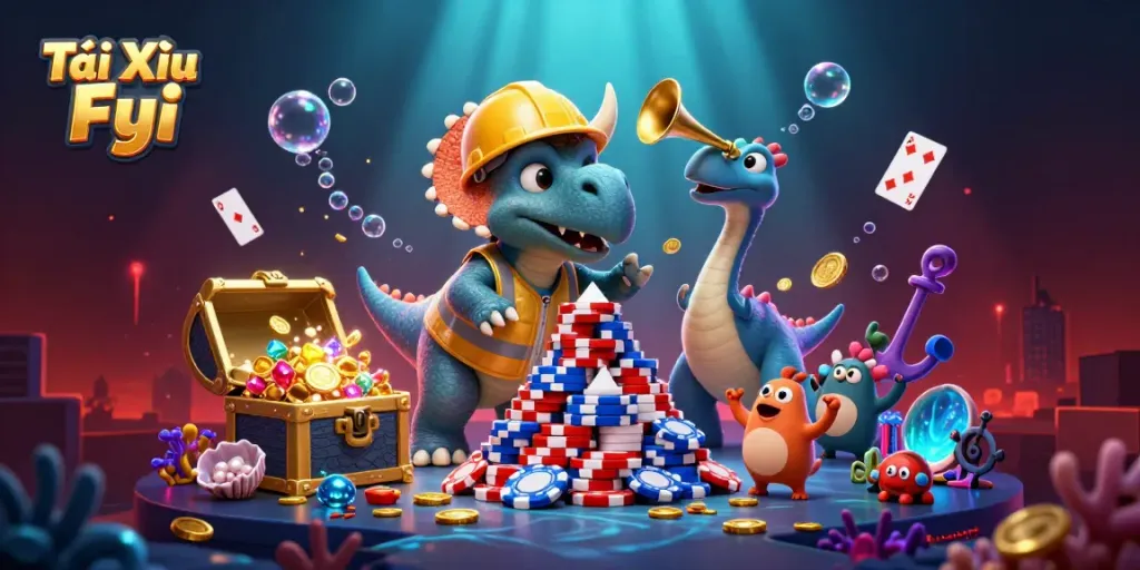 Tài Xỉu Fyi celebration illustrated with a triceratops building poker chips, surrounded by vibrant casino elements.