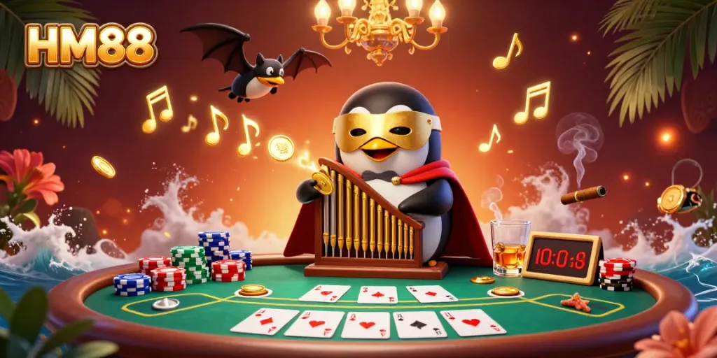 Engage in fun at HM88 with cartoon penguin playing organ while coins fly around a vibrant poker table.