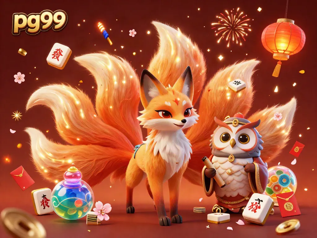 Engage with pg99's vibrant gaming universe featuring a nine-tailed fox spirit and glowing elements.