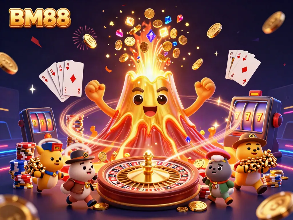 BM88 casino-themed illustration showcasing a golden volcano erupting treasures amid a dynamic gambling scene.