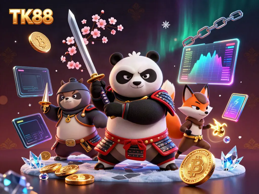 Engage with TK88's vibrant gaming universe featuring characters and glowing crypto elements.