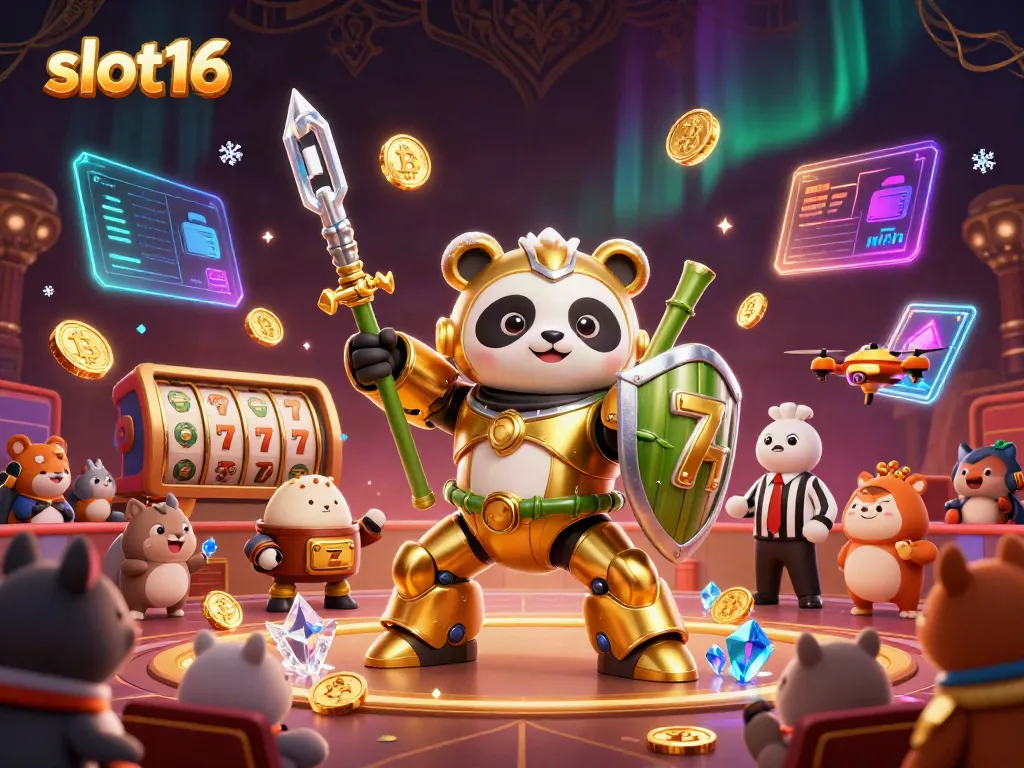 Experience slot16's vibrant 3D casino scene featuring immersive gaming elements and a golden panda character.