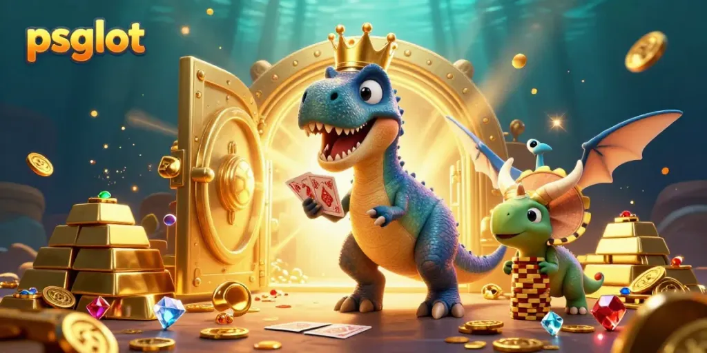 Experience the excitement of psgslot with a friendly dinosaur shuffle cards and stack chips in a vibrant casino setting.