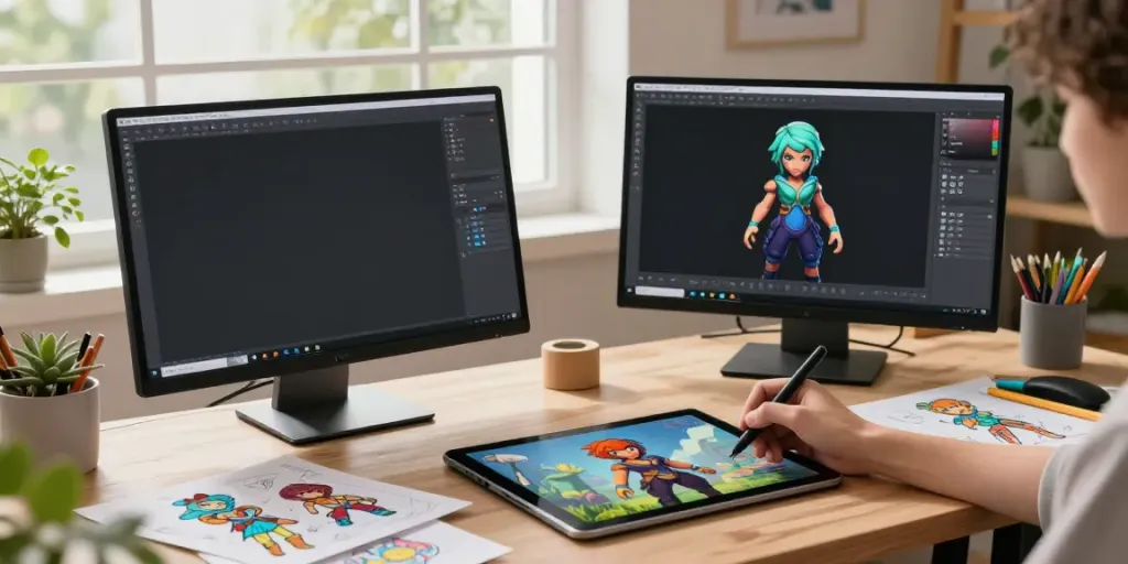 Designer crafting skin toto character art in a bright studio.