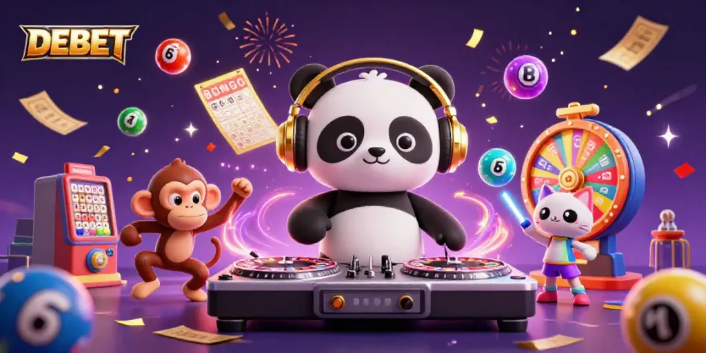 Engage with DEBET as a DJ panda spins roulette wheels, joined by a monkey and kitten amidst lottery chaos.