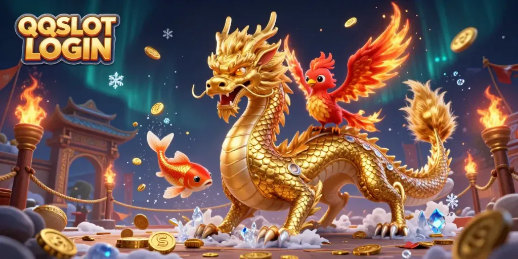Engage with the thrilling QQSLOT LOGIN experience featuring dynamic dragon, phoenix, and koi elements.