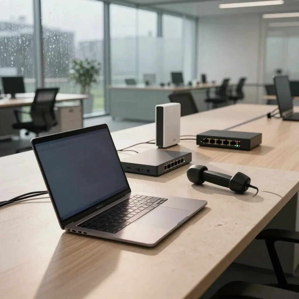 Rain-bright remote support hub with glowing network gear on oak and stone