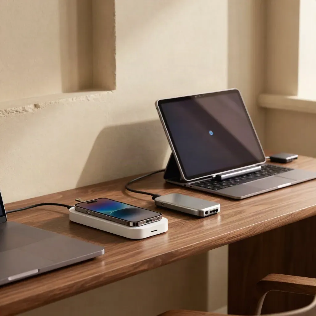 Tidy Microsoft 365 admin station with laptop, phone charger, hardware key, and docked tablet on walnut shelf.