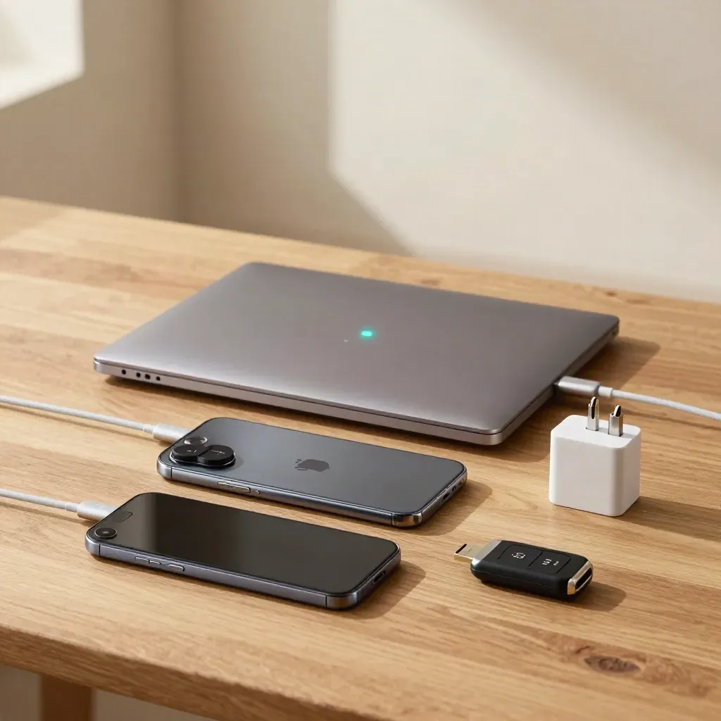 Overhead flatlay of laptops, phones, chargers, and MFA keys on warm wood with cyan status lights.