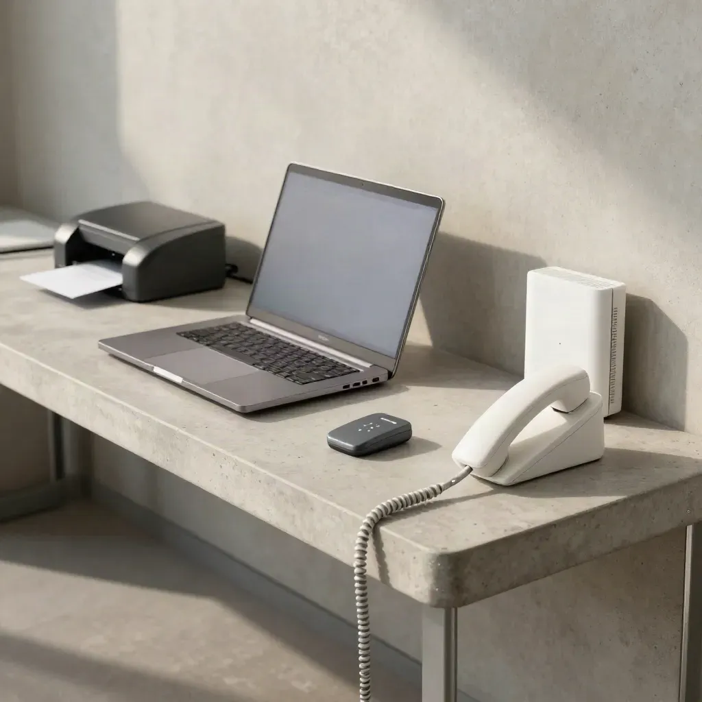 Closed laptop, switch, VoIP handset and access point on a concrete help-desk bench.