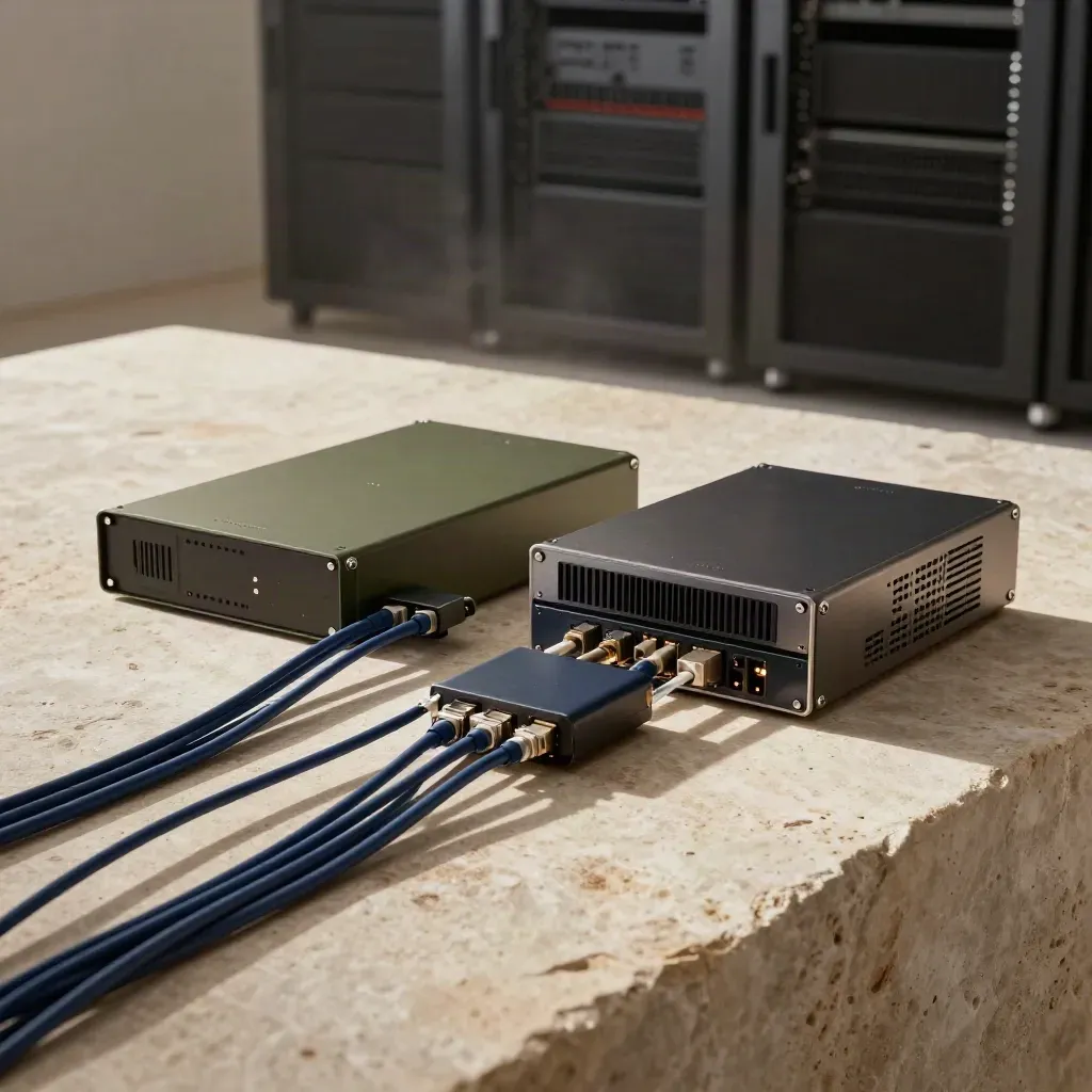 Server units linked by fibre and SSD on pale stone in a moody comms room.