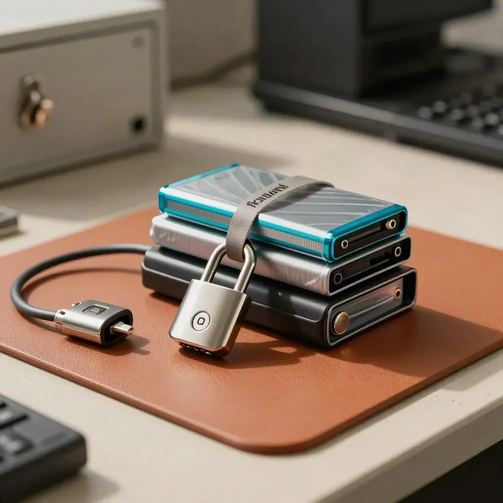 Cybersecurity tools and secured backups on a terracotta mat with cyan reflections.