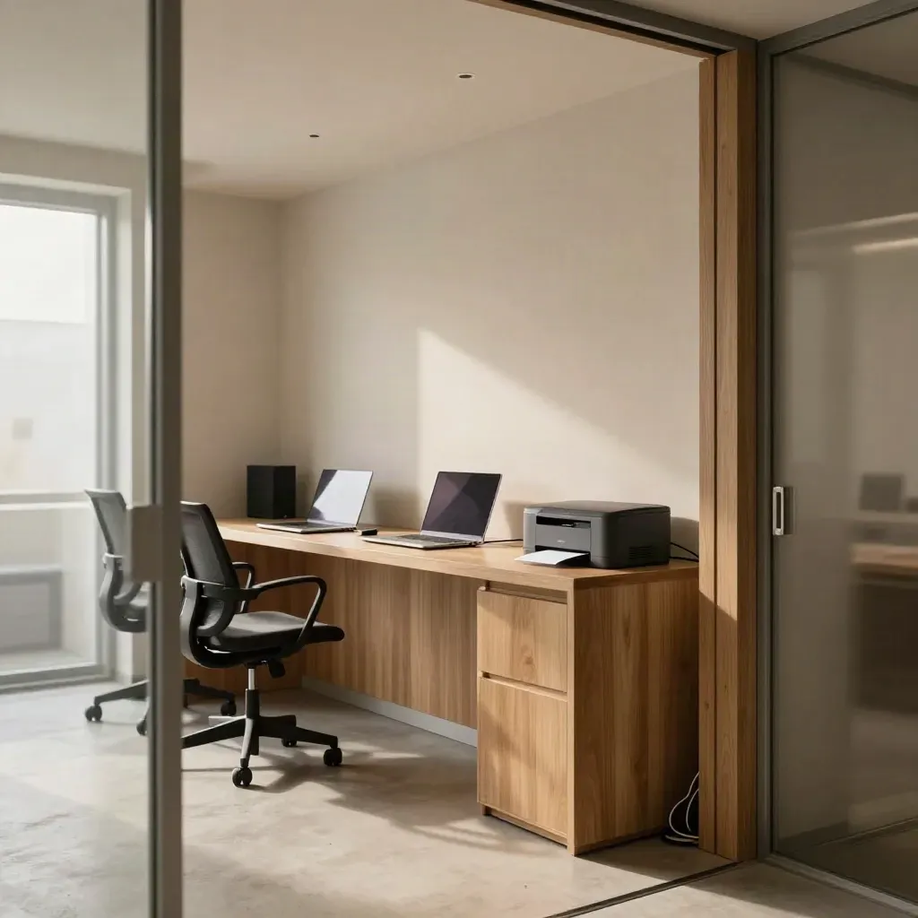 Empty SME support nook with docked laptops, printer and access point in warm morning light.