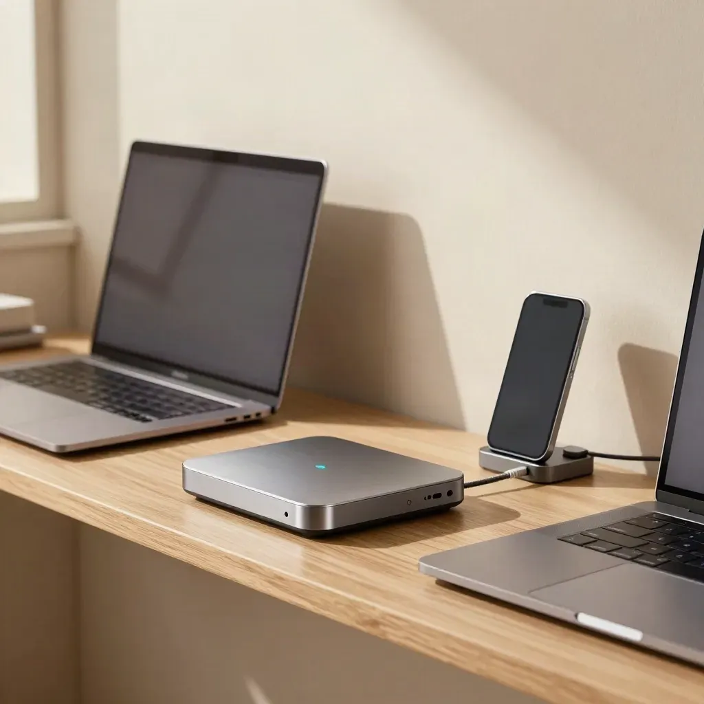 Sunlit shelf with two laptops, backup drive and phone dock in a tidy office alcove