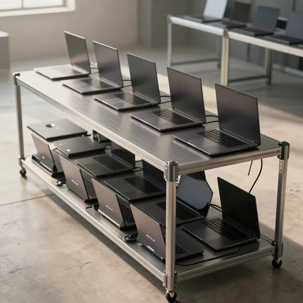 Twenty-one laptops charging on a staging rack in a pre-dawn IT prep room