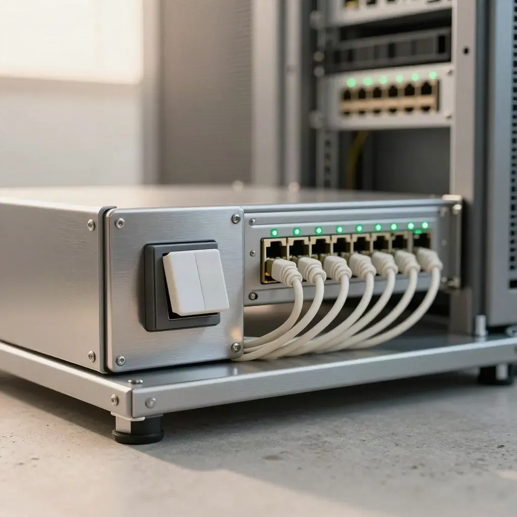 Rack-mounted switch with a replaced module and green link lights in a quiet dawn-lit server room.