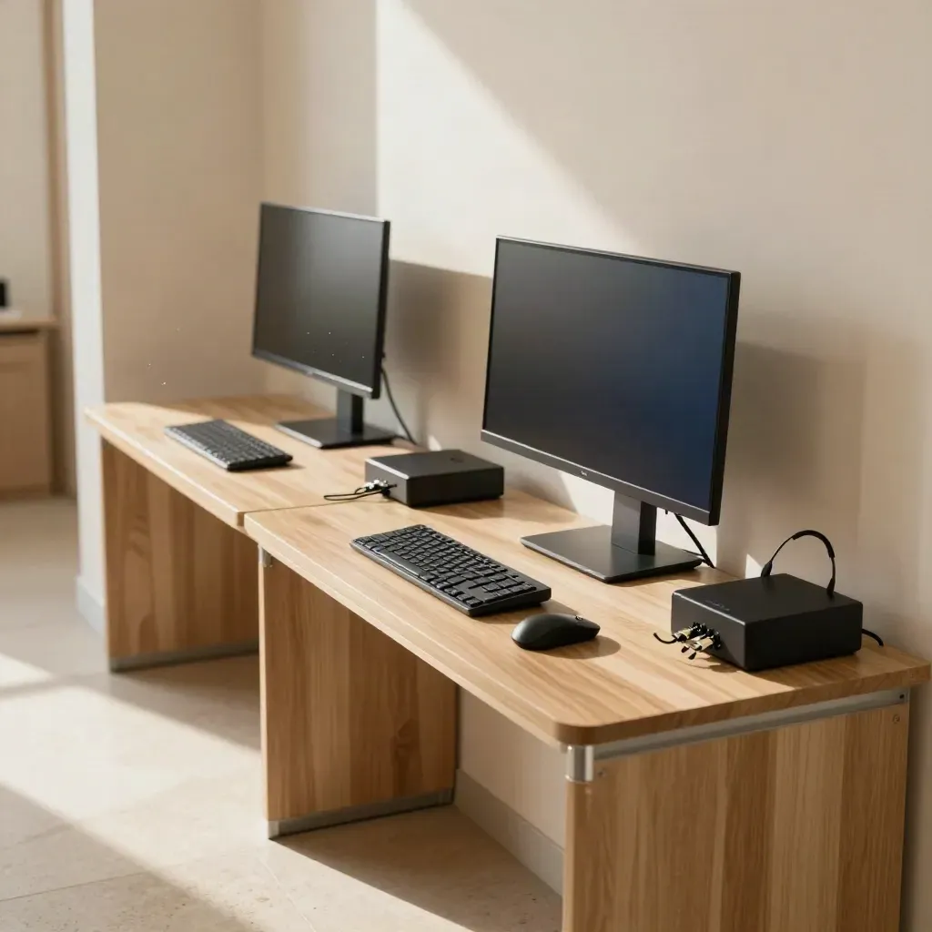 Clinic support station with two ready workstations, backup laptop, and tidy cloud-sync accessories in daylight