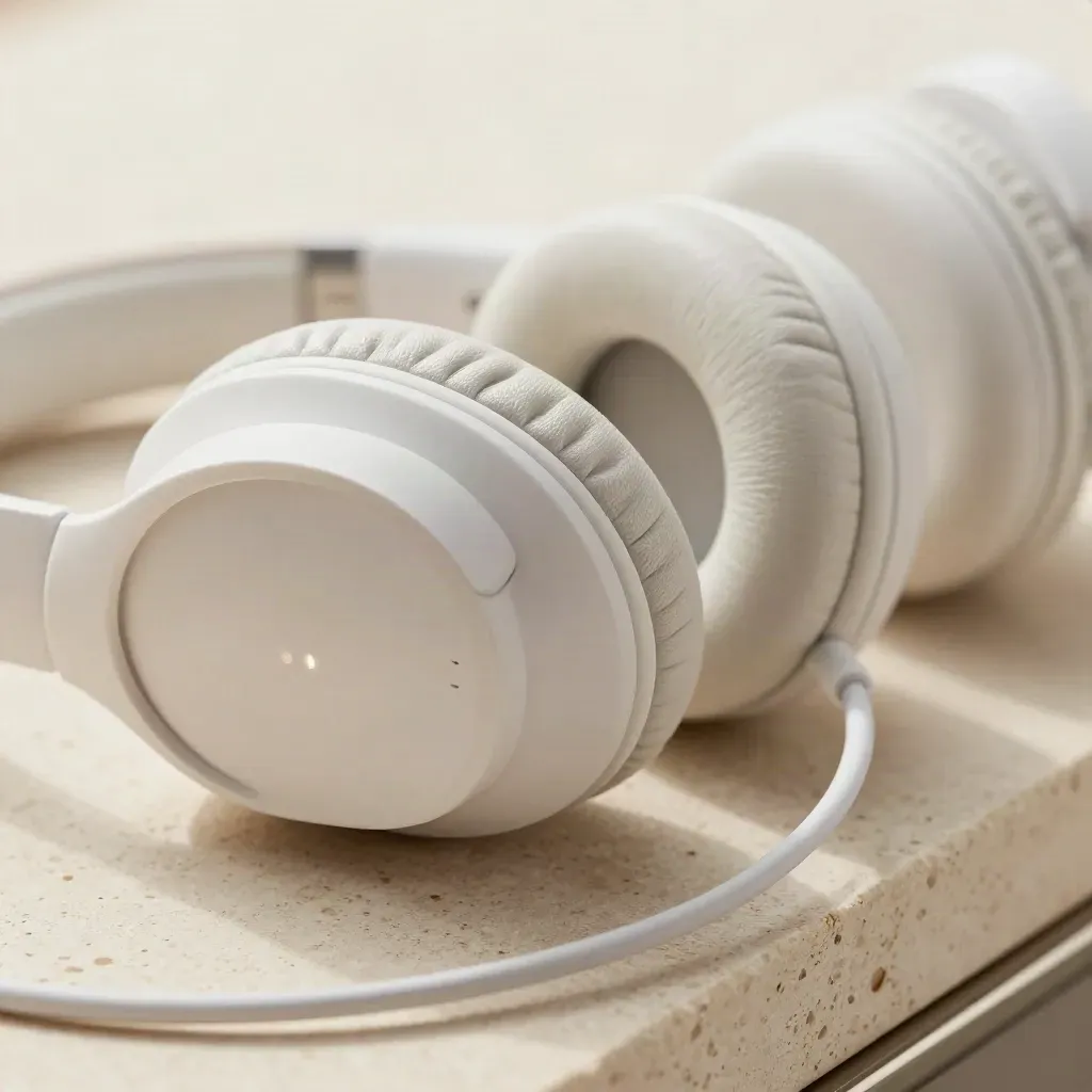 Macro of a white headset, call base, and glowing cable loop on pale travertine stone.