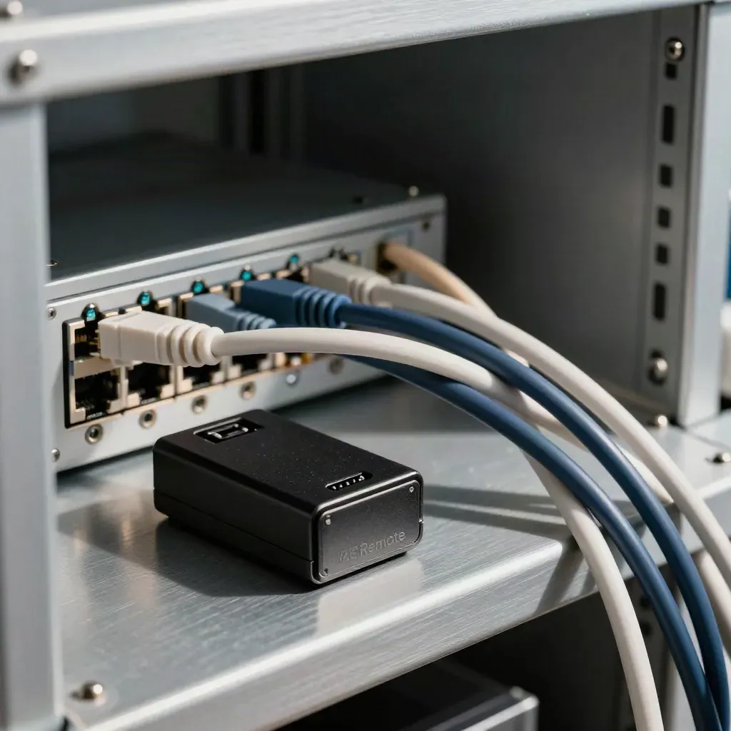 Network switch, patch panel fragment, fibre loop, and RJ45 leads on a metal tray