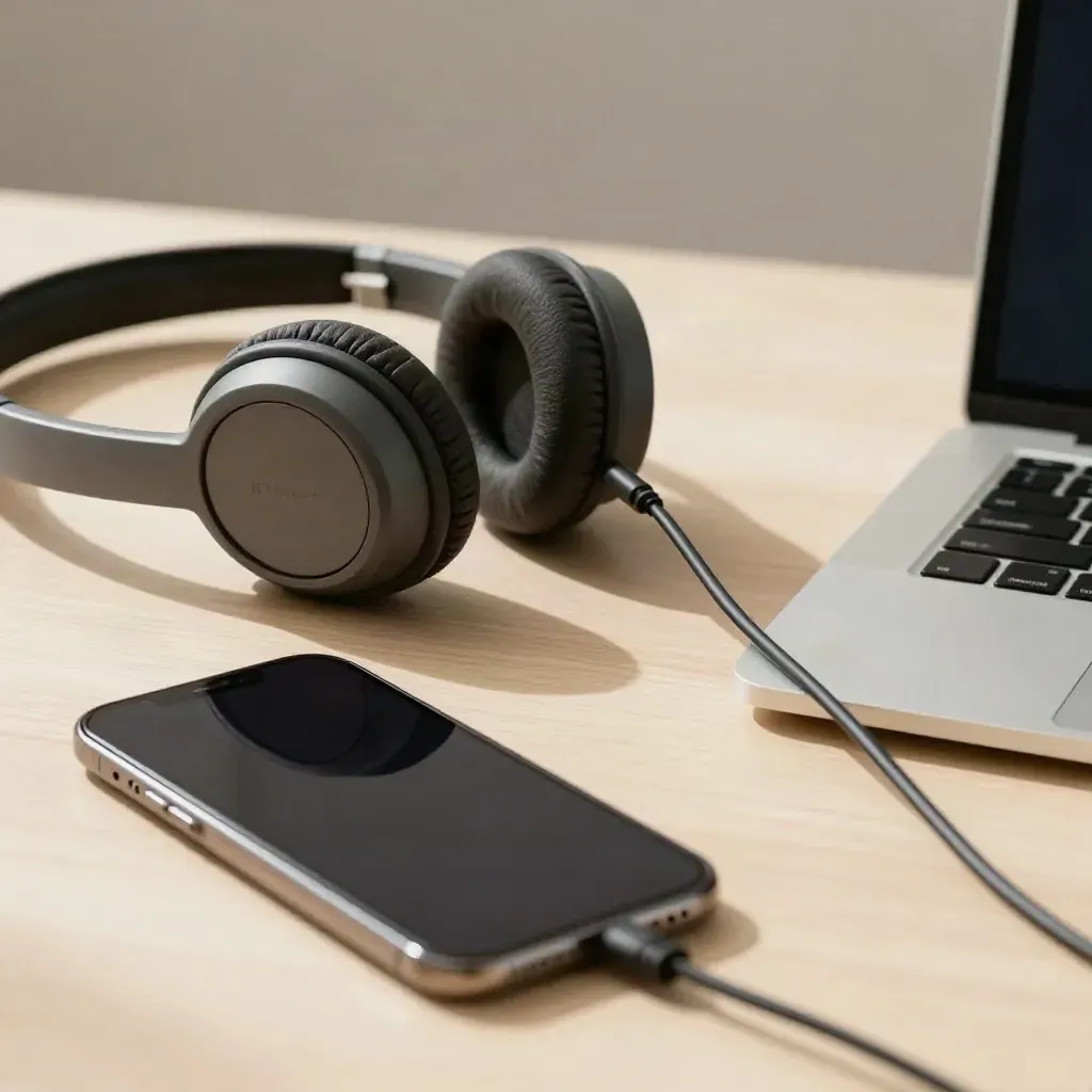 Headset, phone, laptop and coiled cable on pale wood in soft daylight.