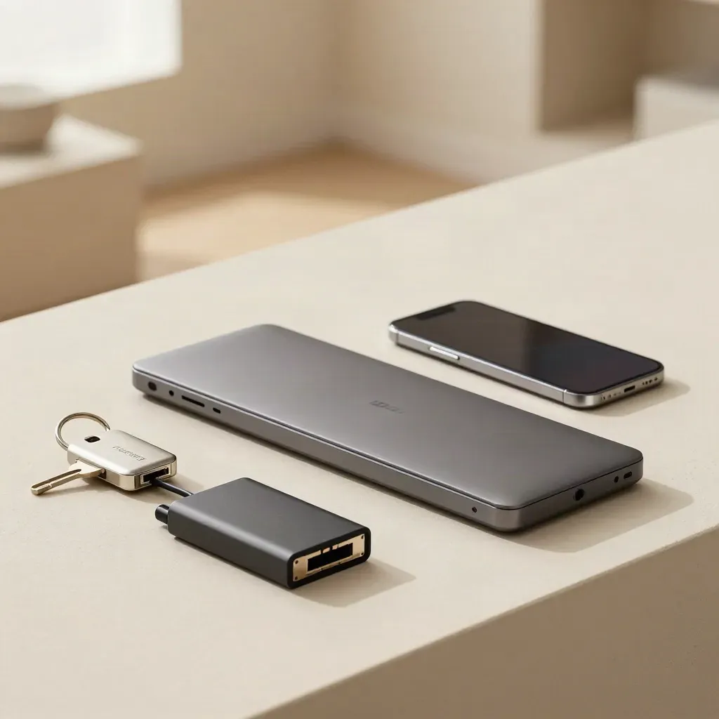 Dock, access key, phone, and network adapter arranged on a pale plaster surface.