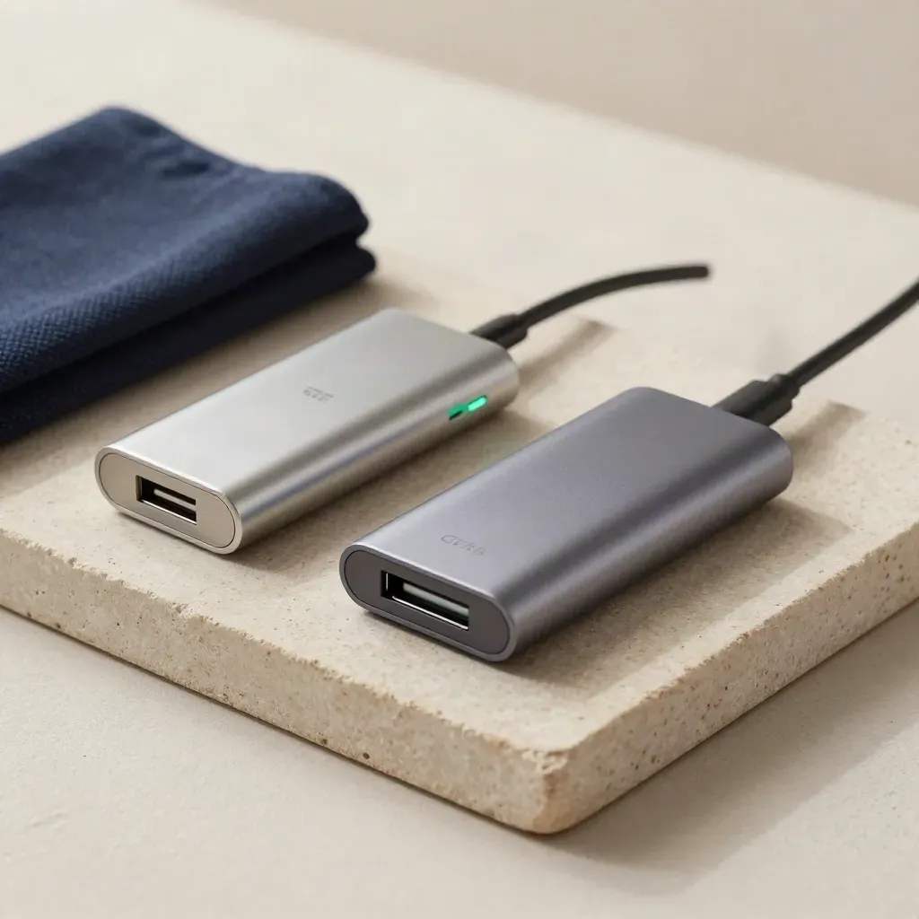 USB-C hub, adapter, and glowing access point on a stone tray
