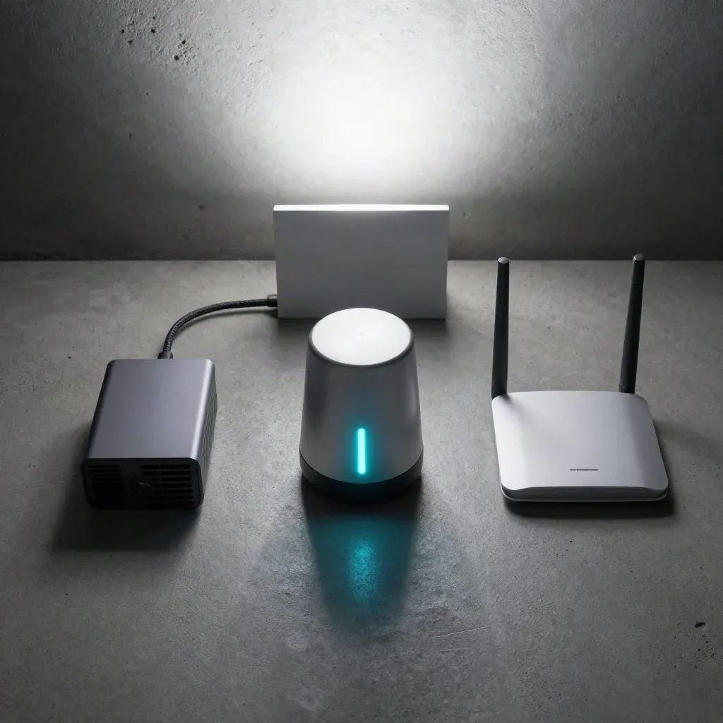 Overhead flatlay of a monitoring beacon, small UPS, and router on cool concrete.