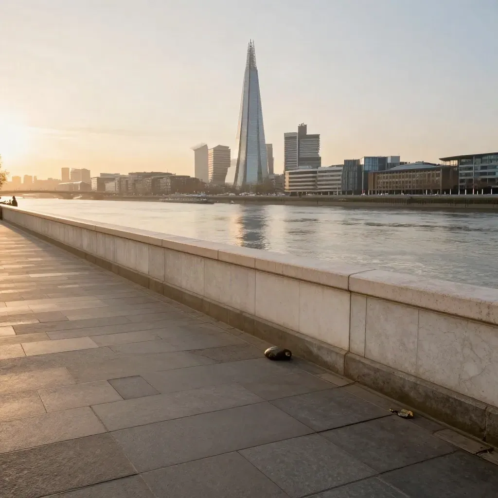 The Thames and City skyline with The Shard glowing over a hazy river embankment at sunset.