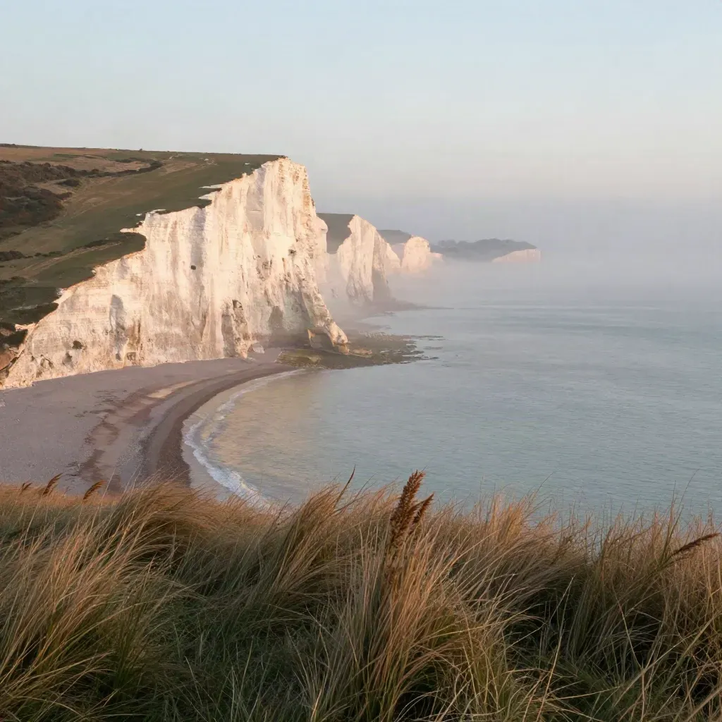 Misty White Cliffs of Dover above a calm slate sea at dawn, cliffs high, open water below.