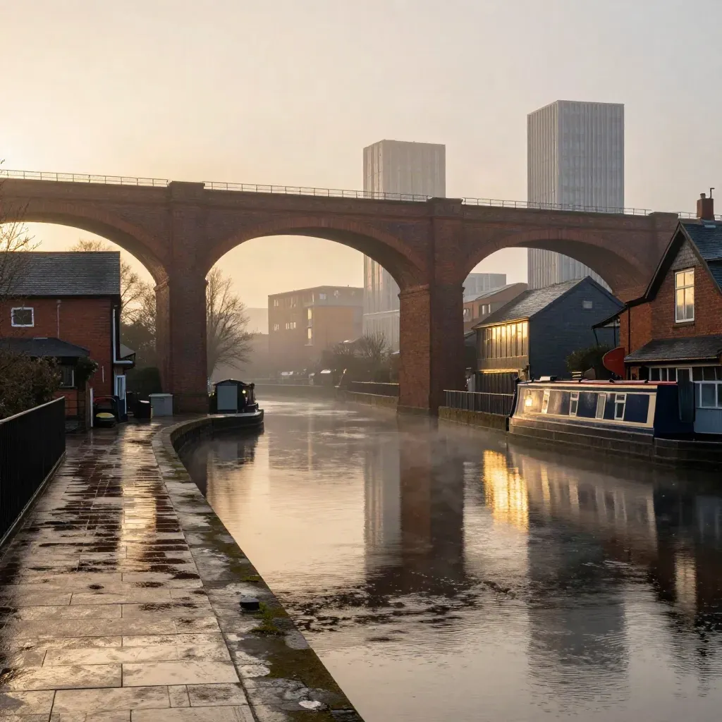 Birmingham canal basin at golden hour with red-brick viaducts, towers and mist over calm water.