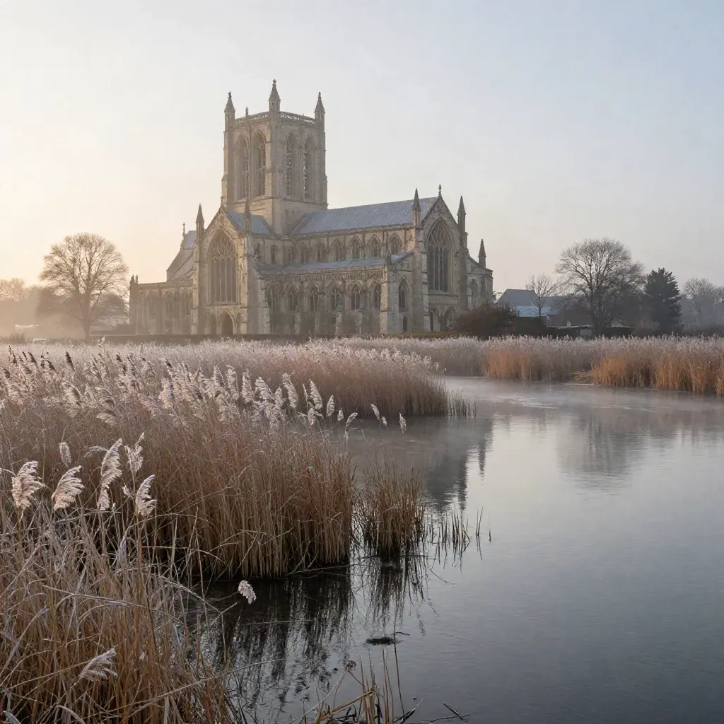 Ely Cathedral above frosty fen reeds and calm water in pale sunrise haze.