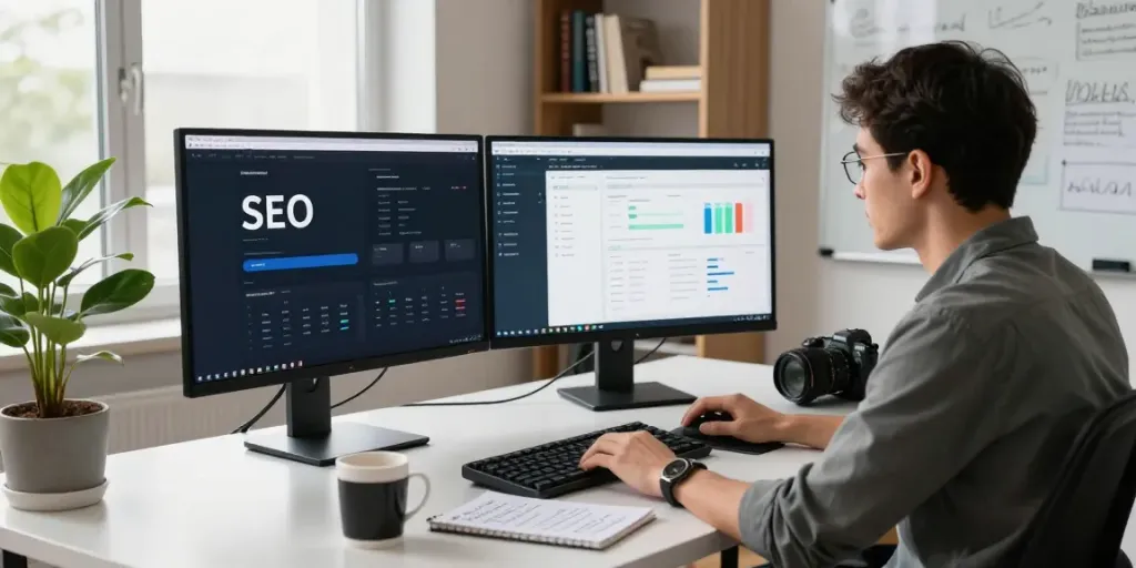 Web developer at modern desk analyzing PBN management tools, showcasing the best pbn web host.