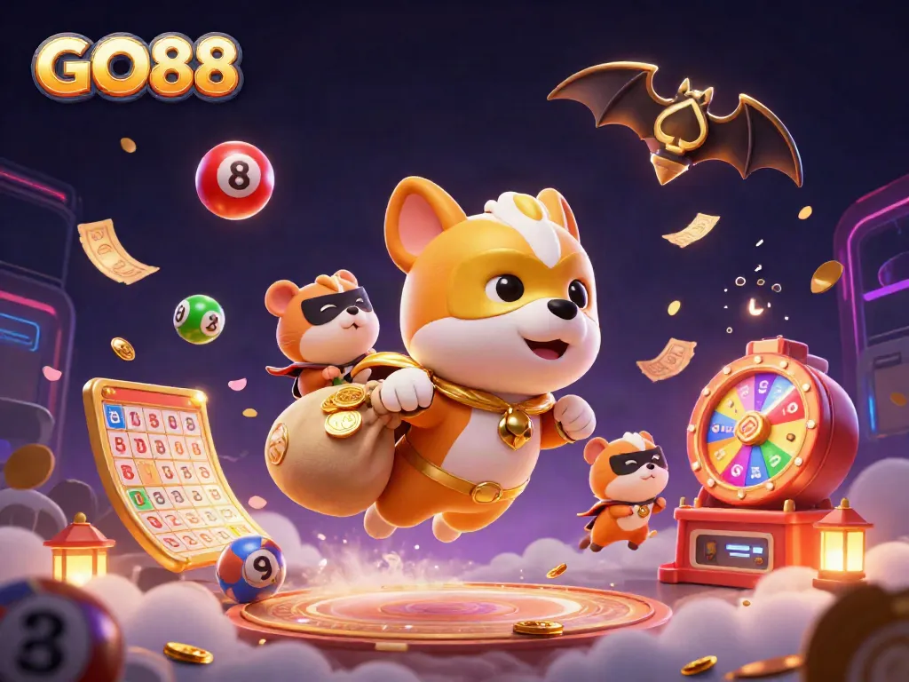 Experience the vibrant excitement of GO88 with a superhero dog and hamster in a dynamic casino setting.