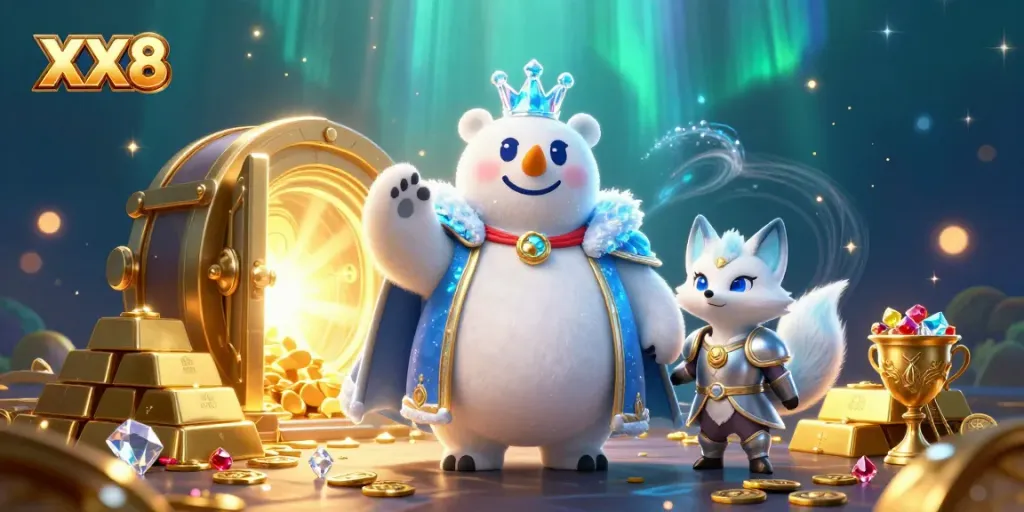 Win big with XX8 at a vibrant casino, featuring a polar bear king and a fox in a treasure-filled scene.
