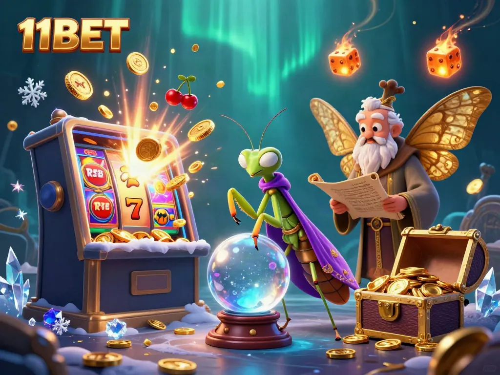 Experience the excitement of 11BET with a lively scene of fortune tellers, slots, and glowing symbols.