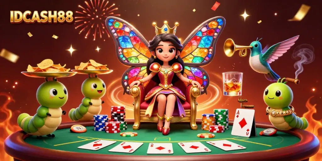 Engaging illustration of IDCASH88, featuring a butterfly queen and poker elements in a vibrant casino scene.