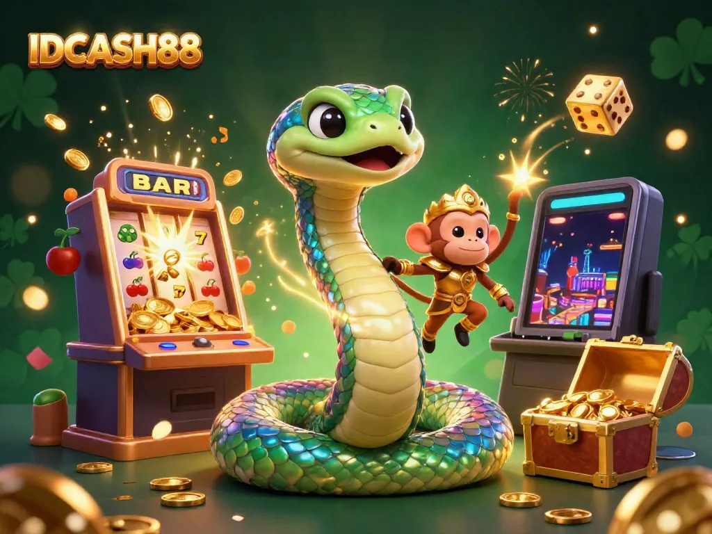 Experience the thrilling world of IDCASH88 with a vibrant 3D illustration showcasing a rainbow serpent and golden monkey king amidst casino elements.