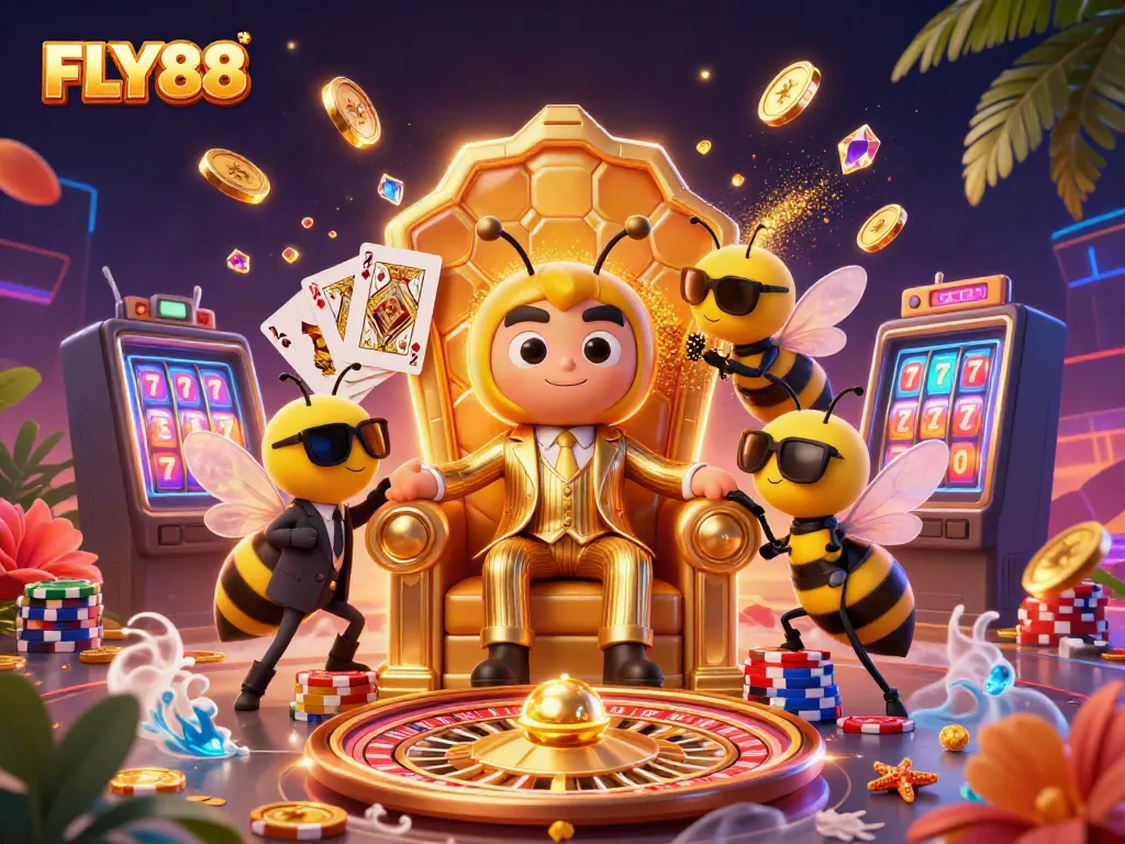 Engage with FLY88’s vibrant casino scene featuring animated characters and sparkling game elements.