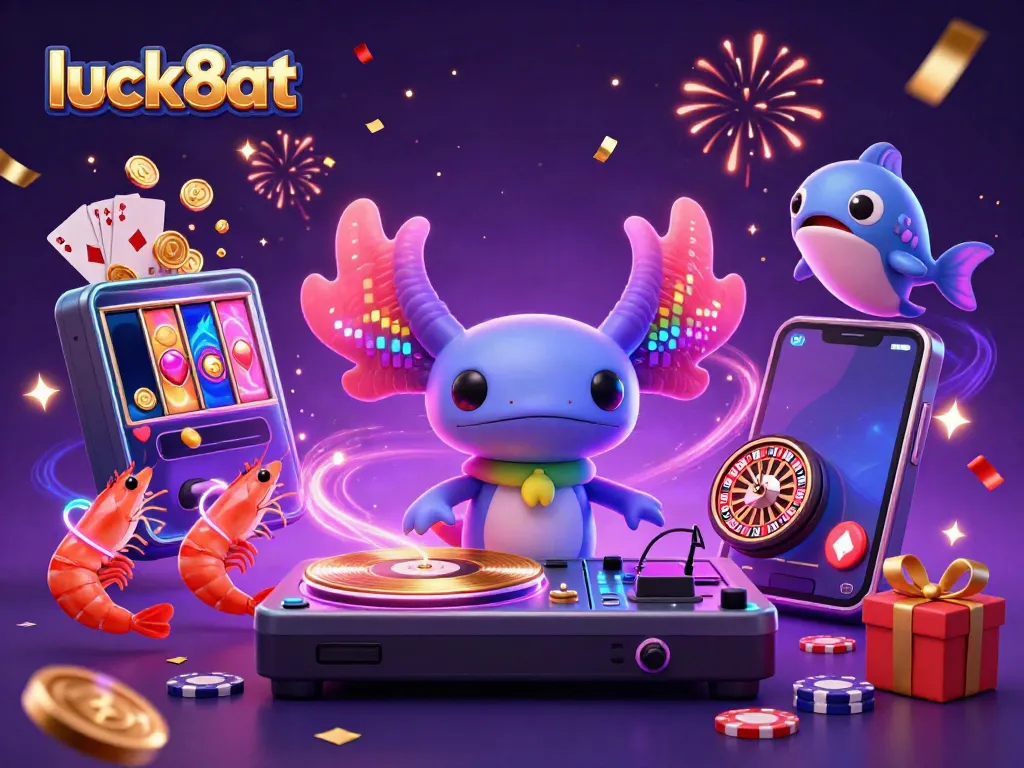 Join the celebration with luck8at's lively casino scene featuring vibrant dancing characters and dynamic gaming elements.