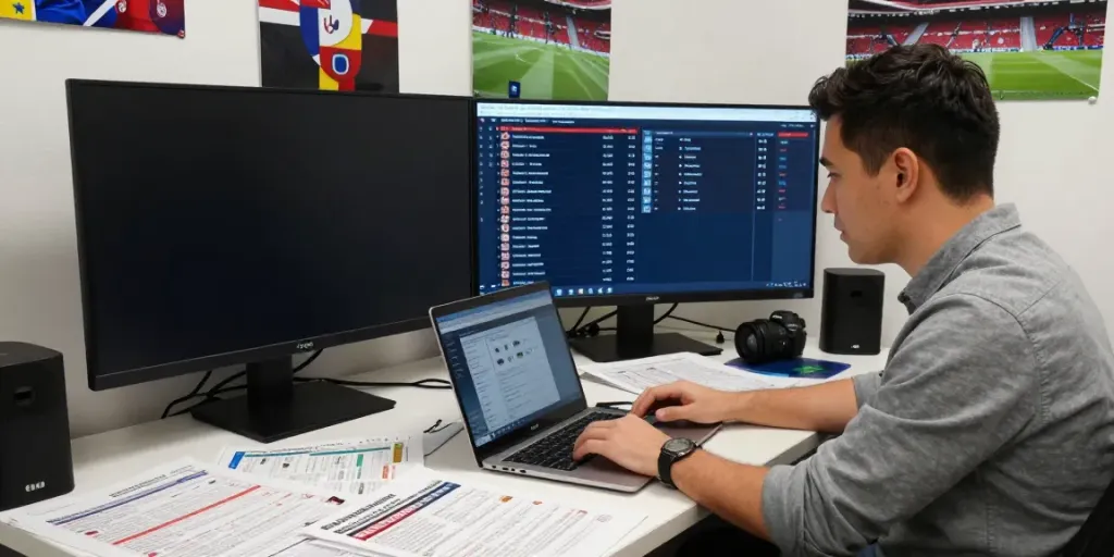 ข่าวซื้อขายนักเตะ updates in a vibrant sports news newsroom with journalist and player stats.