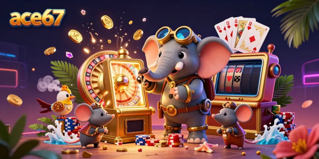Experience thrilling wins at ace67 with our lively casino scene, showcasing slot machines, coins, and vibrant characters.