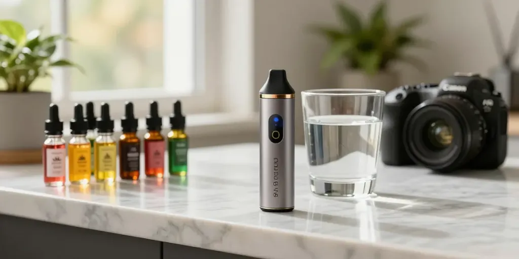 Boutiq Switch Orb V6 disposable vape with cannabis oil vials on marble countertop, showcasing premium vaping experience