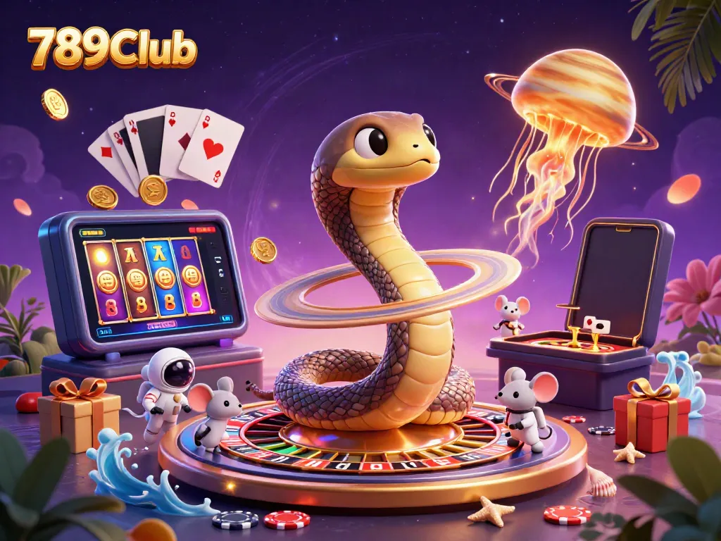 Place bets with the 789Club characters among vibrant casino elements in a cosmic setting.