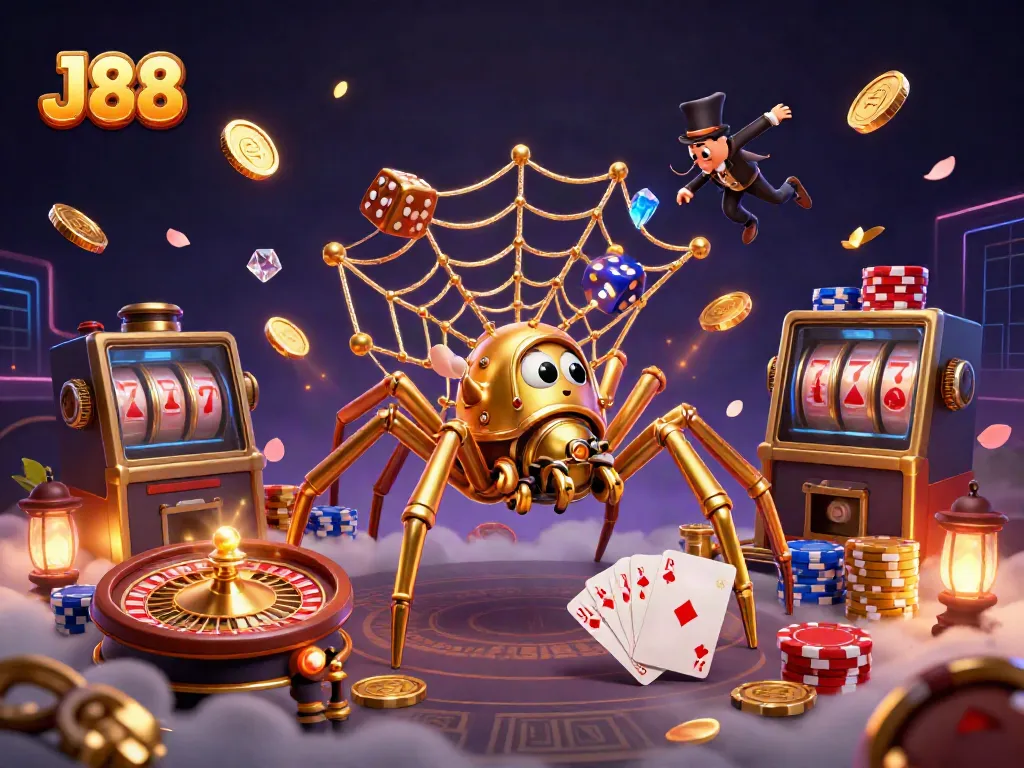 Engage with J88's vibrant casino scene featuring golden spiders and dynamic gaming elements.