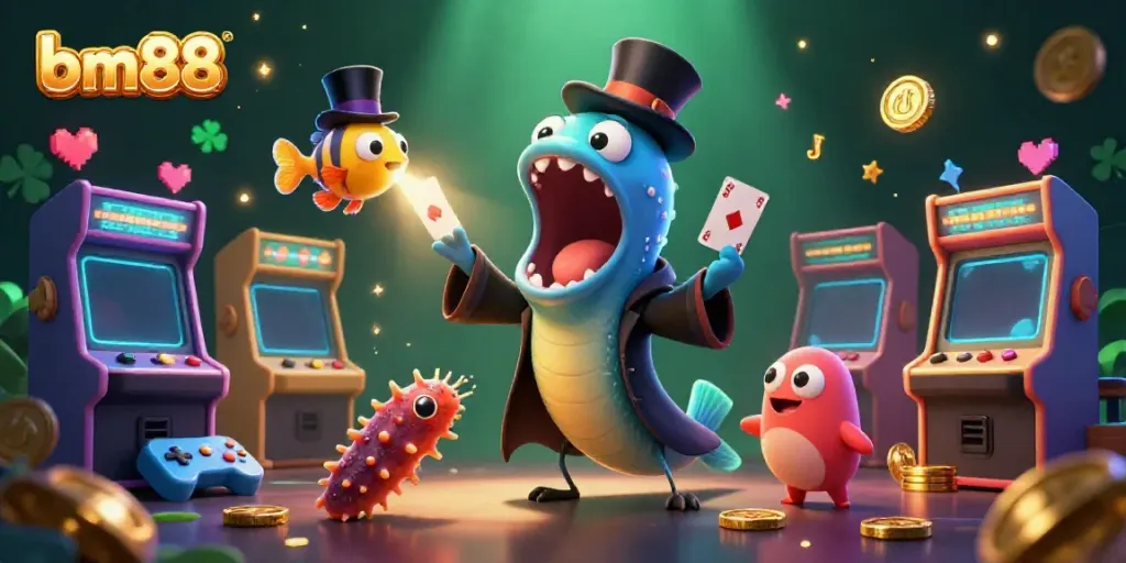 Engage with exciting card tricks at bm88, featuring a magical gulper eel, anglerfish spotlight, and vibrant casino ambiance.