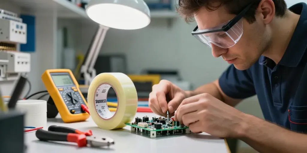 Electrician applying Super33 tape on circuit board in a well-lit workshop